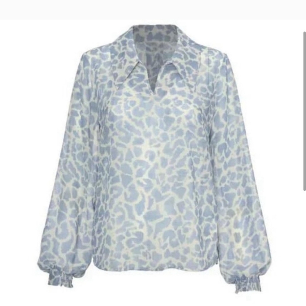 CAbi Light Blue and White Printed Long-Sleeve Blouse